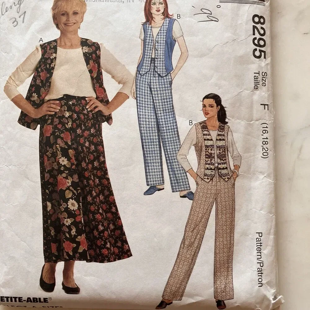 Vintage McCall’s Pattern 8295 Women’s Top Vest‎ Pants & Skirt Size 16-18-20 Cut