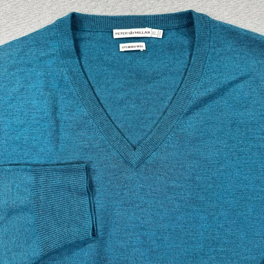 Peter Millar Sweater Mens XL Teal‎ Extra Fine Italian Merino Wool V-Neck MF14S31