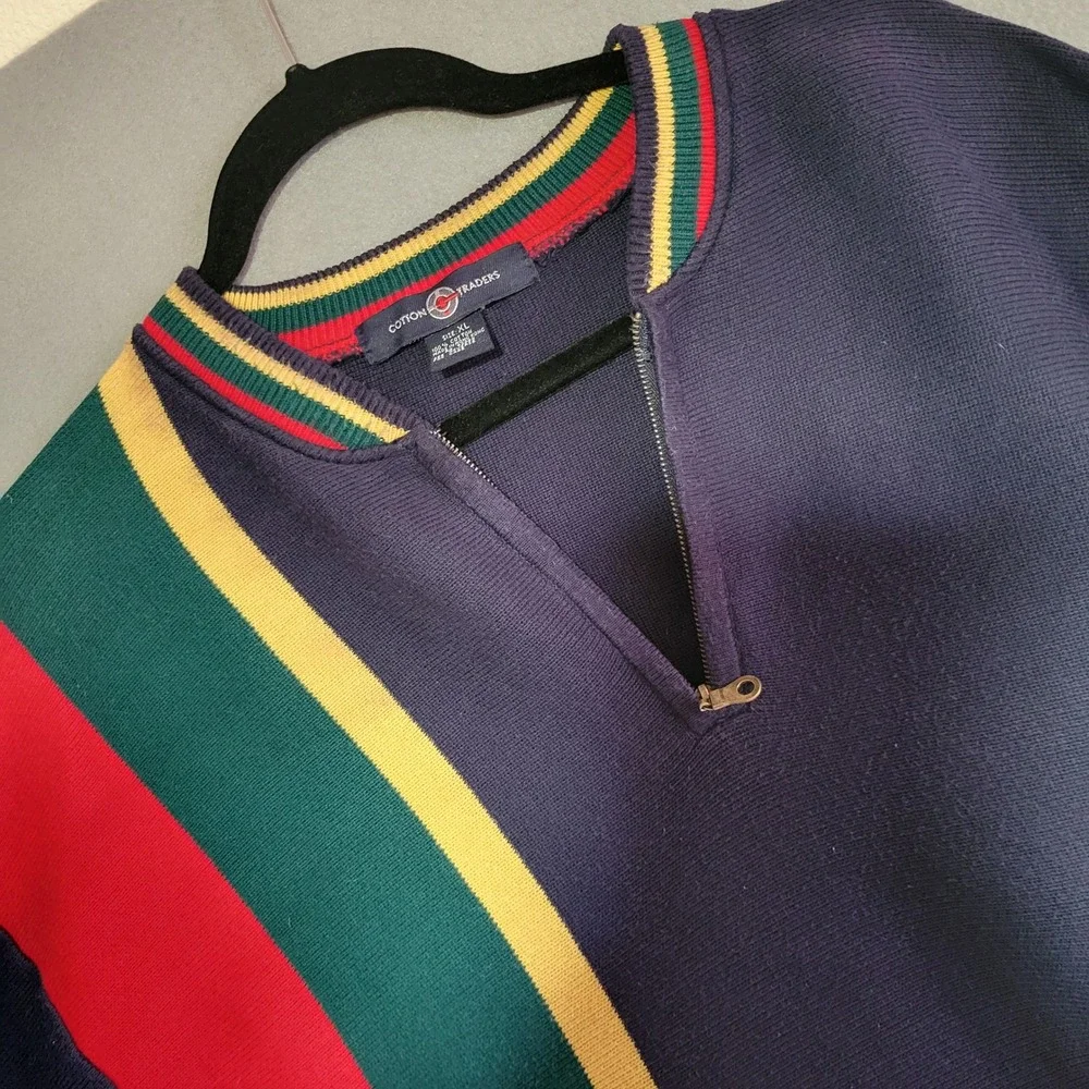 Cotton Traders Vintage 90s Colorblock Quarter Zip‎ Cotton Sweater Navy Mens XL