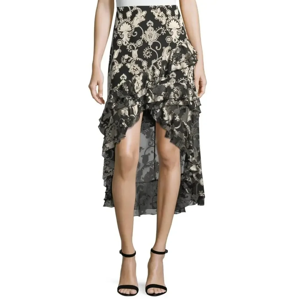 Alice + Olivia Womens Sasha Asymmetric Tiered Ruffled Skirt Gray Floral 10