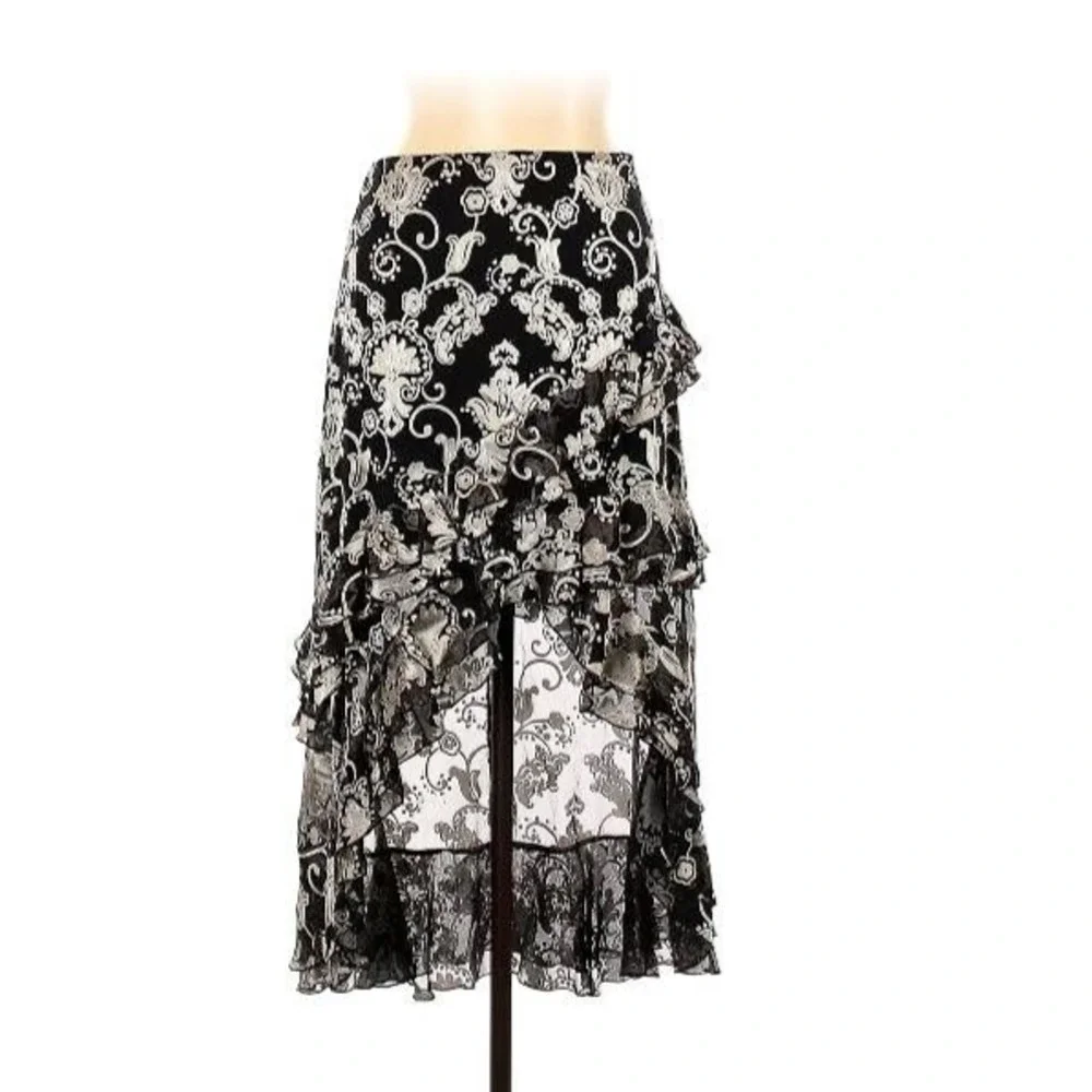 Alice + Olivia Womens Sasha Asymmetric Tiered Ruffled Skirt Gray Floral 10