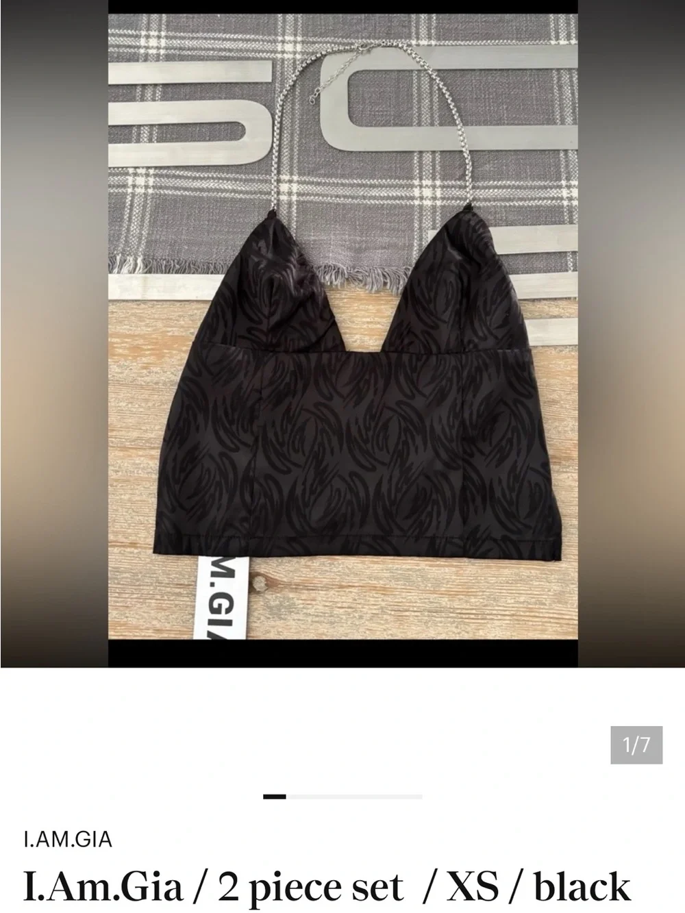 I.AM.GIA Black Satin Jacquard Chain-Halter Crop Top