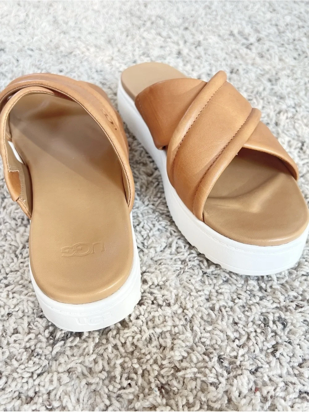 UGG Zayne Crossbody Slide Platform Sandals Leather Women’s Size 10 Brown Camel