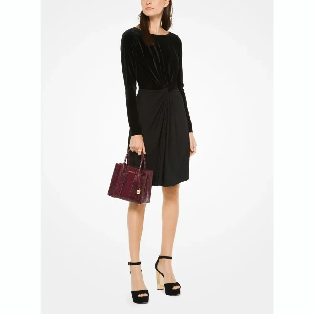 New! MICHAEL KORS Women's Velvet-Top Twist-Front Black Dress Long Sleeve Small
