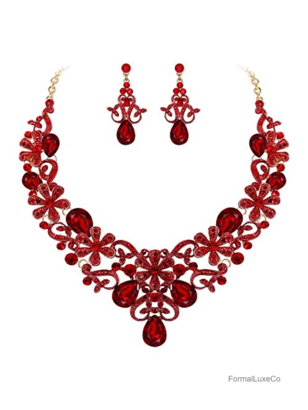 Crystal Floral Teardrop Necklace and Earring Jewelry Set for Wedding Prom