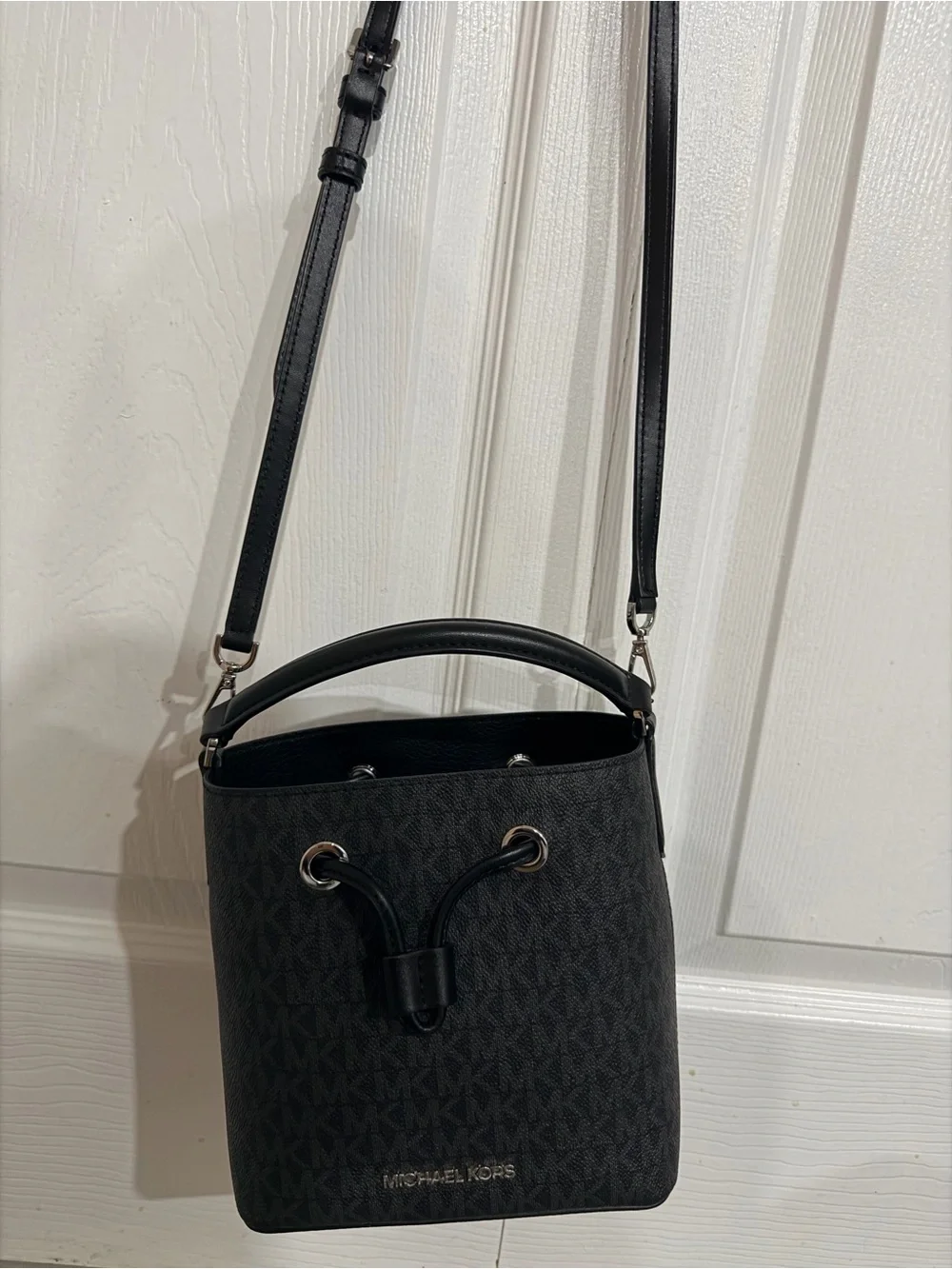 Michael Kors Black Signature Monogram Bucket Messenger Bag