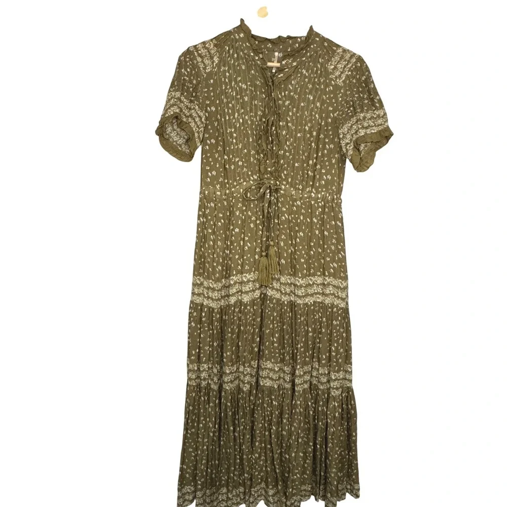 Free‎ People Rare Feelings Maxi Dress Olive Green Floral Boho Tiered Smocked S