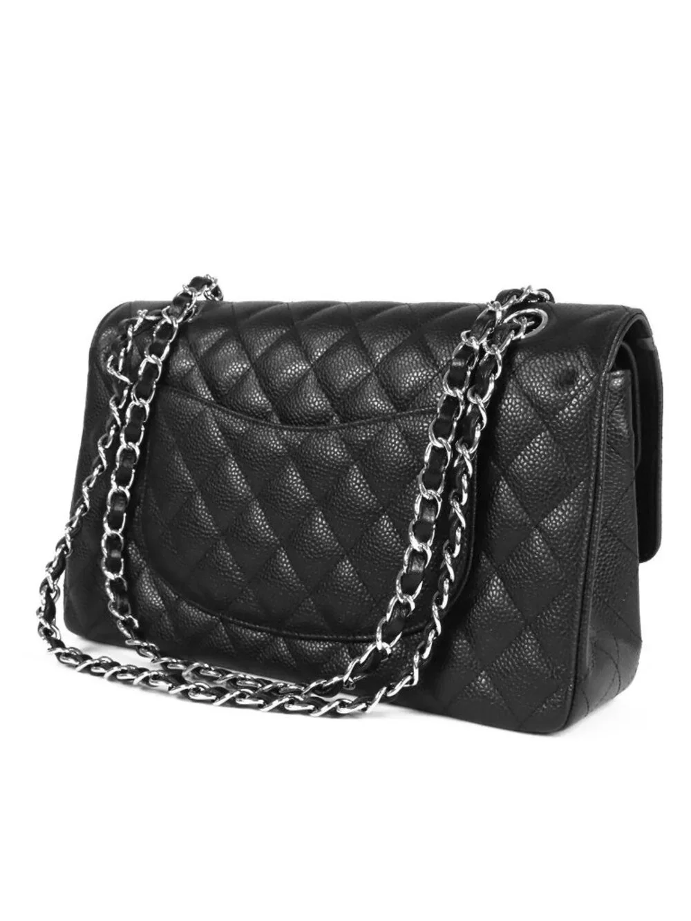 Chanel Chain Black Silver Caviar Leather Quilted 25 Double Flap Shoulder Bag