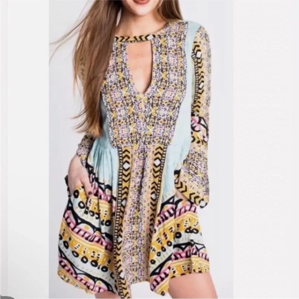 FREE PEOPLE | Teagan Boho Mini Dress Blue Yellow Pink Print Women’s Size 4