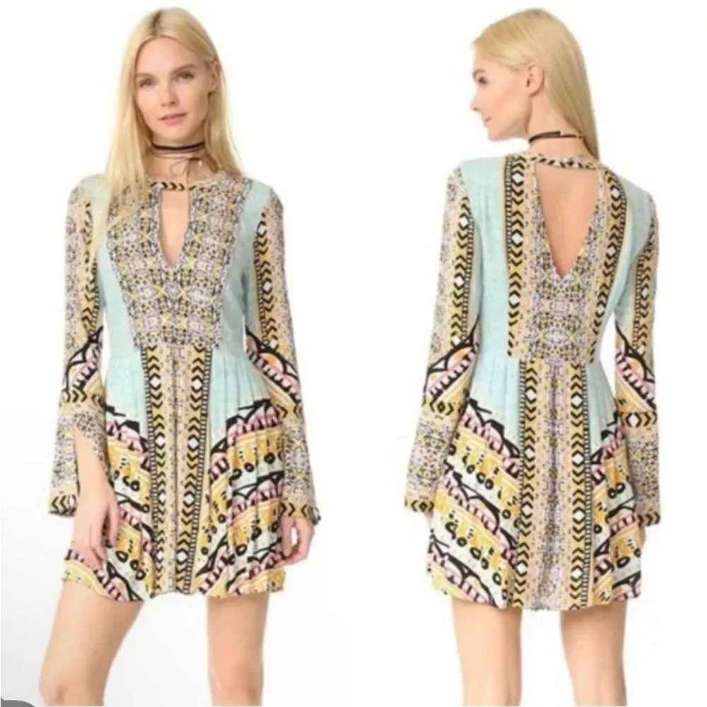 FREE PEOPLE | Teagan Boho Mini Dress Blue Yellow Pink Print Women’s Size 4