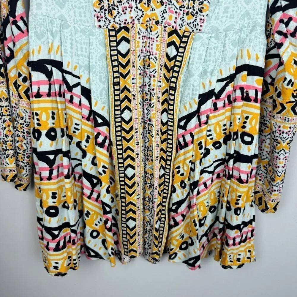 FREE PEOPLE | Teagan Boho Mini Dress Blue Yellow Pink Print Women’s Size 4
