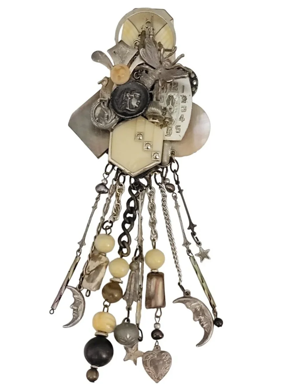 Lisa Carlson Artisan Steam Punk Multi Charm Chatelaine Brooch, Signed