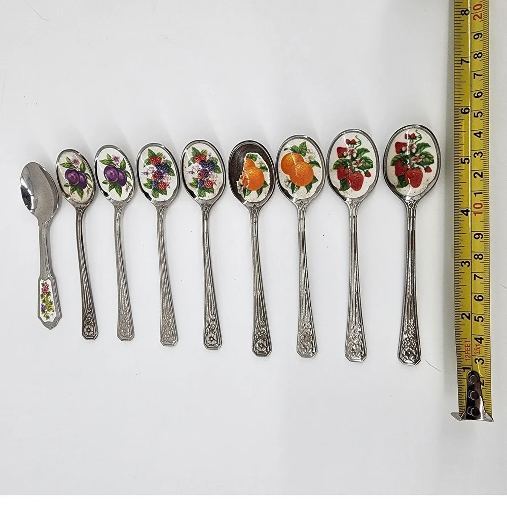 Vintage Avon Fruit Motif Enamel Inlay Silver Tone Tea Spoons Mixed‎ Set of 9