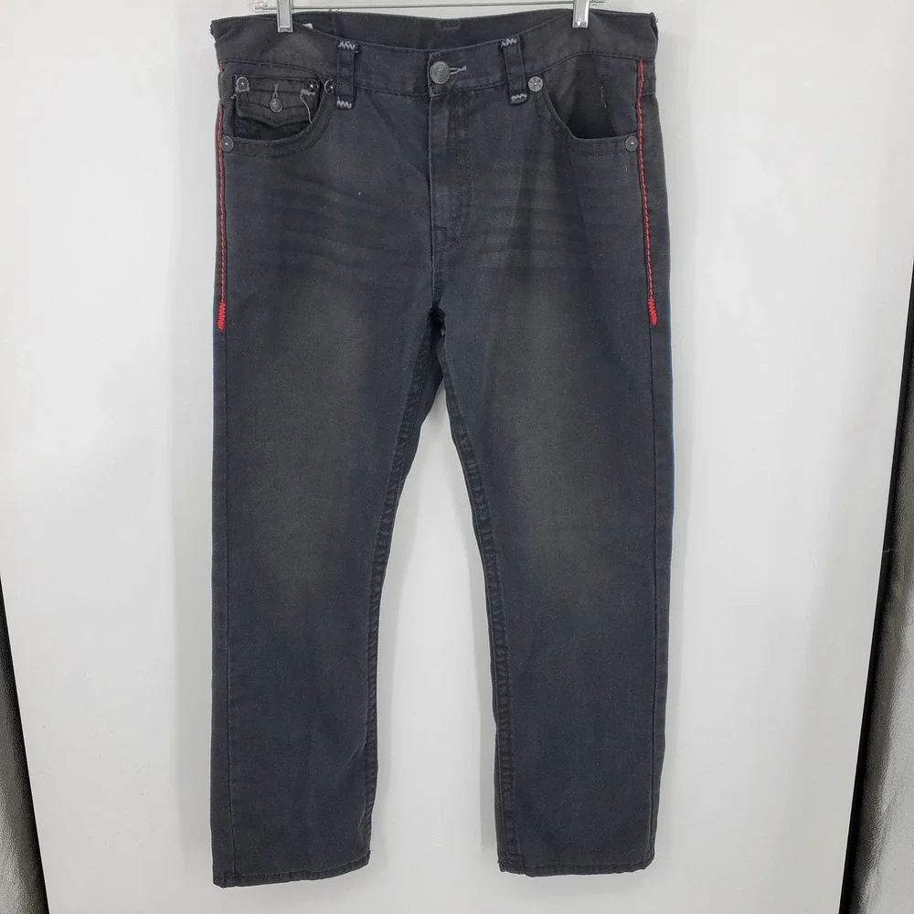 True Religion Ricky Super T Mens 42 Black Jeans Red Contrast Stitch‎ Made in USA