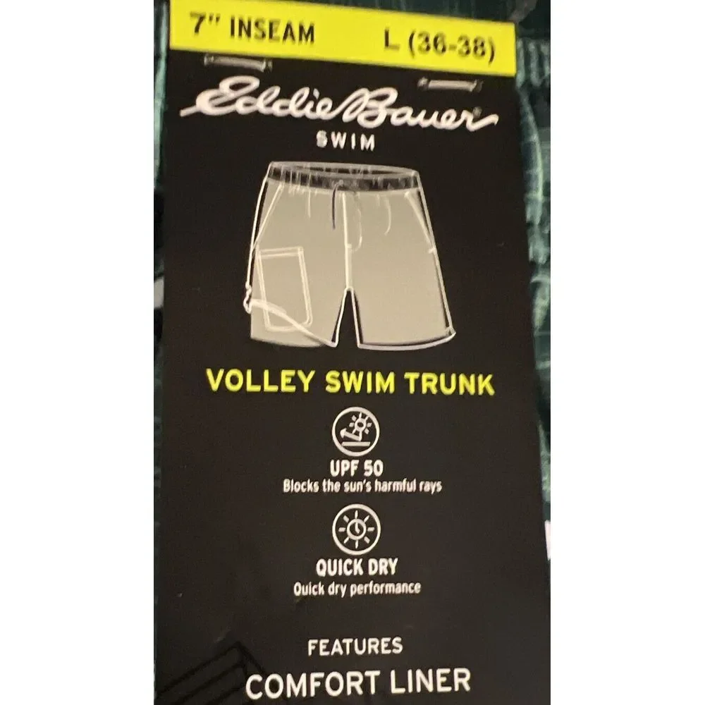 New $46 Eddie Bauer Volley Swim Trunks Shorts Men Green Orca Lined EMS4384 Large