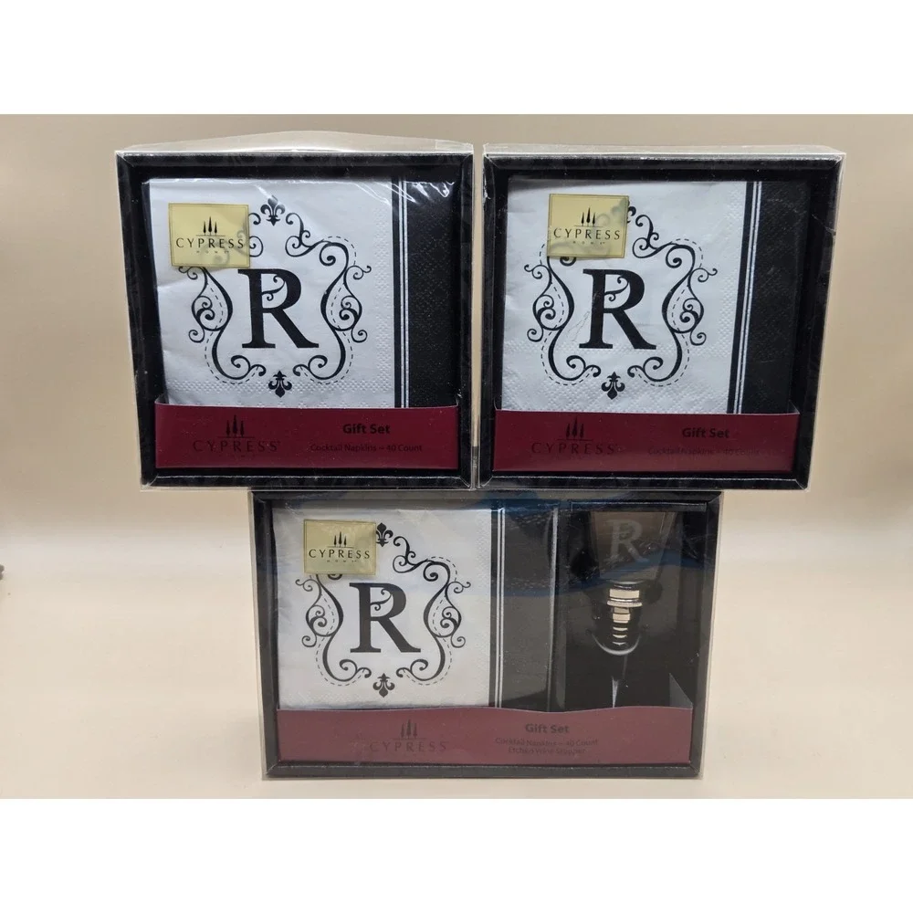 Cypress Home Gift Set Etched Glass Wine Stopper Letter‎ R Monogram/w 120 Napkins