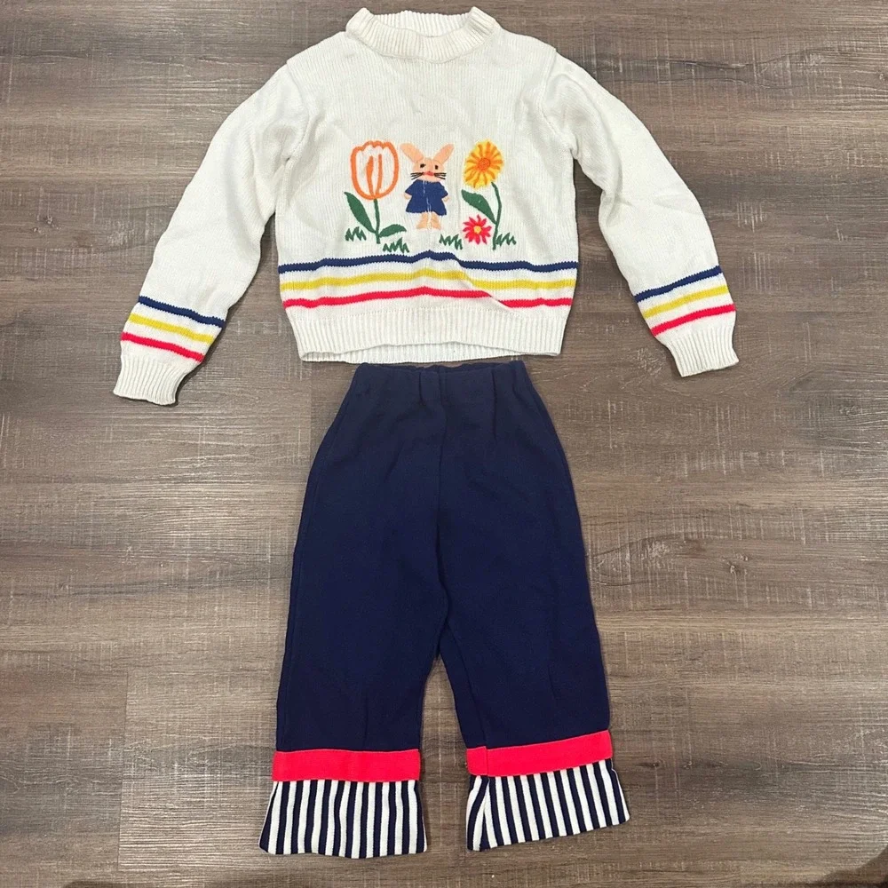 Vintage 3T Bunny Floral Knit Sweater‎ and Striped Flare Pants Set Navy Cream