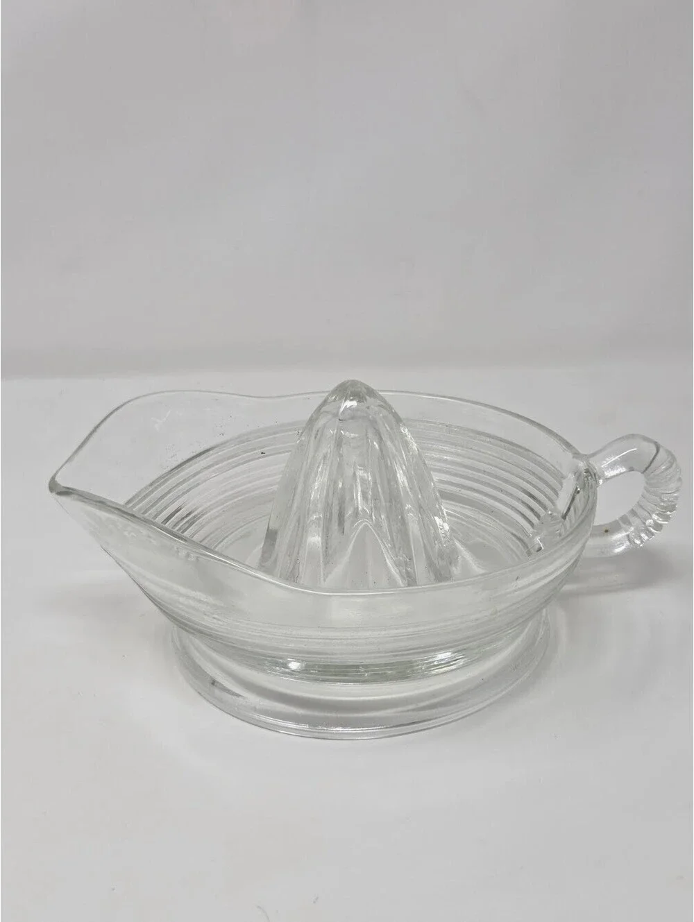 Vintage Clear Glass Citrus Juicer Reamer With Ribbed Design & Ring Handle