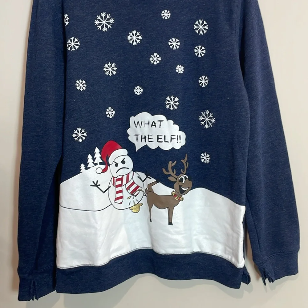 American Rag Ugly Christmas Sweater What the Elf - size large- blue- snowman‎