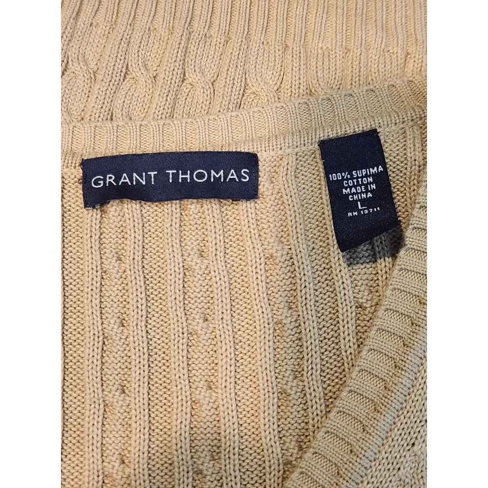 Grant Thomas Mens Tan Beige 100% Supima Cotton Cable Knit V-Neck‎ Sweater Vest L