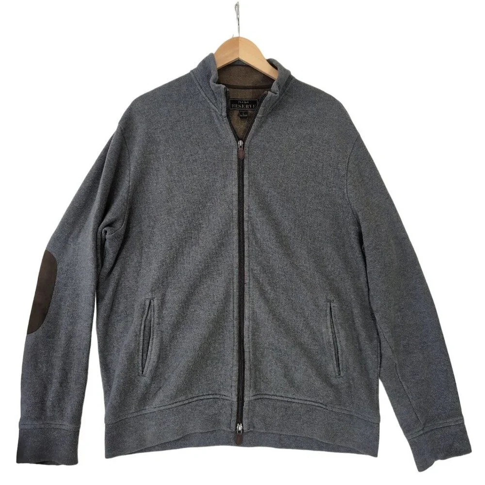 Jos A Bank Reserve Cardigan Sweater Mens L Gray Full Zip Elbow‎ Patch Dad
