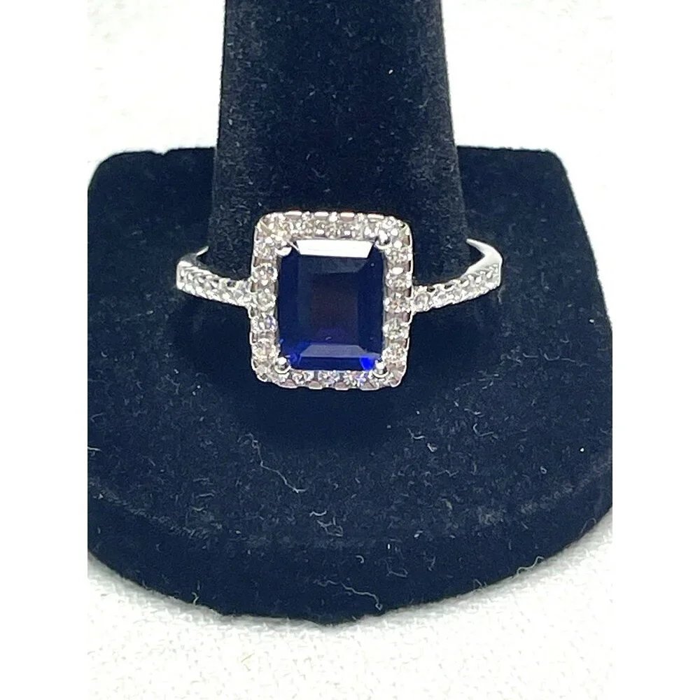 Emerald-Cut Sapphire White Topaz Halo Ring 3.50ct Sz 11 Sterling Silver Elegant