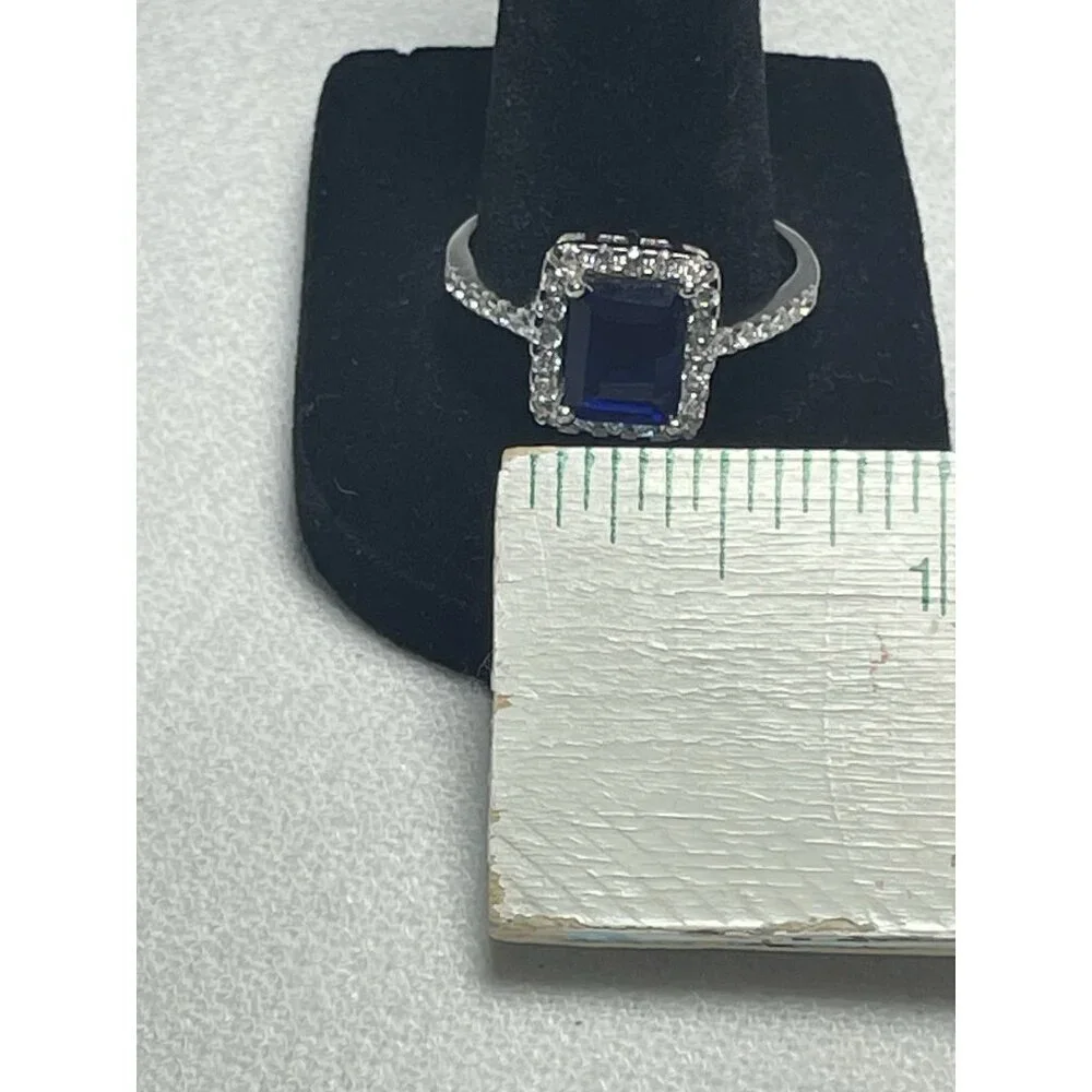 Emerald-Cut Sapphire White Topaz Halo Ring 3.50ct Sz 11 Sterling Silver Elegant