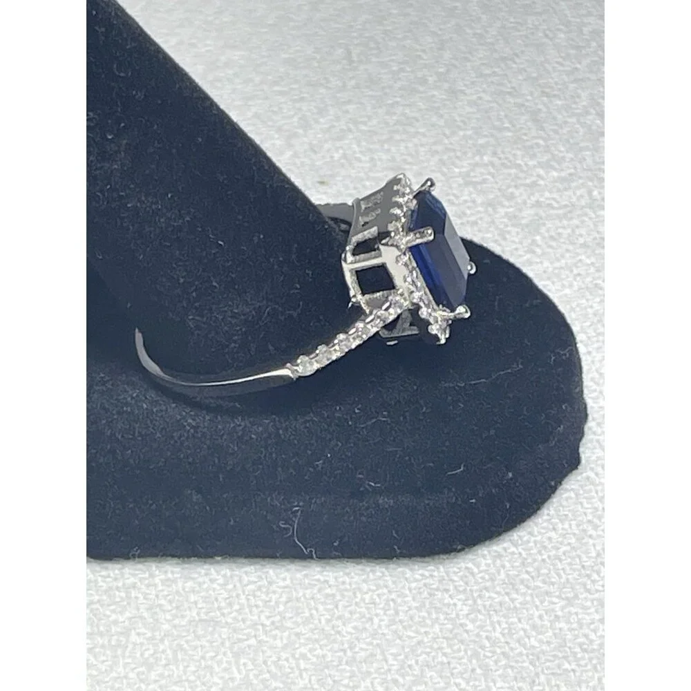 Emerald-Cut Sapphire White Topaz Halo Ring 3.50ct Sz 11 Sterling Silver Elegant