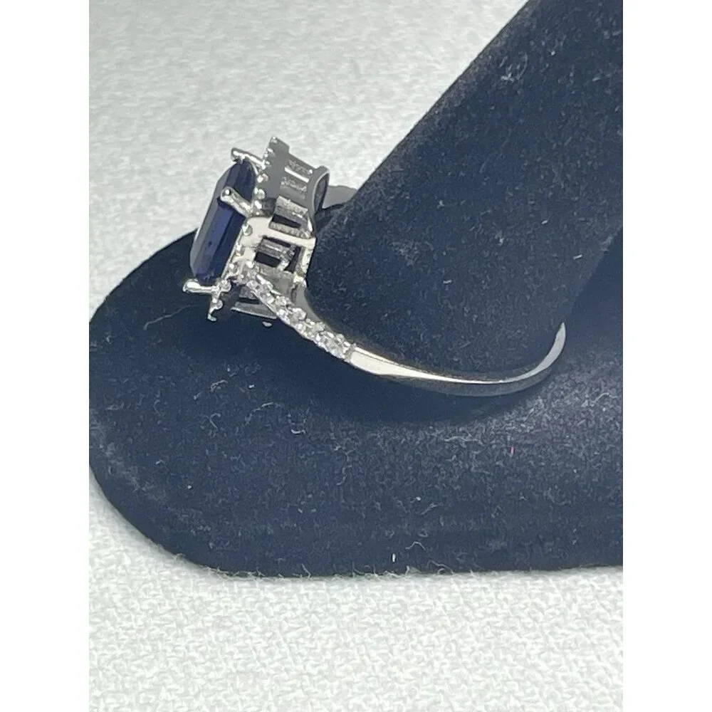 Emerald-Cut Sapphire White Topaz Halo Ring 3.50ct Sz 11 Sterling Silver Elegant