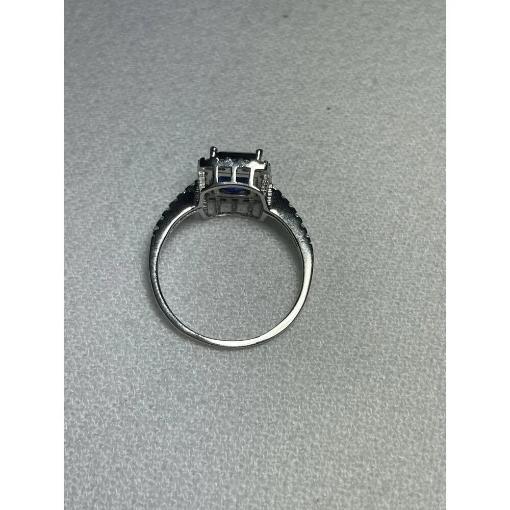 Emerald-Cut Sapphire White Topaz Halo Ring 3.50ct Sz 11 Sterling Silver Elegant