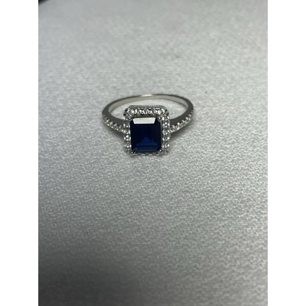 Emerald-Cut Sapphire White Topaz Halo Ring 3.50ct Sz 11 Sterling Silver Elegant