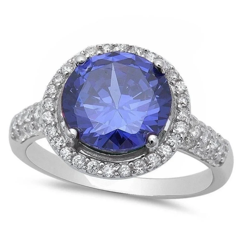 Tanzanite & White Topaz Halo Ring Size 9 925 Sterling Silver 3.84 Ct