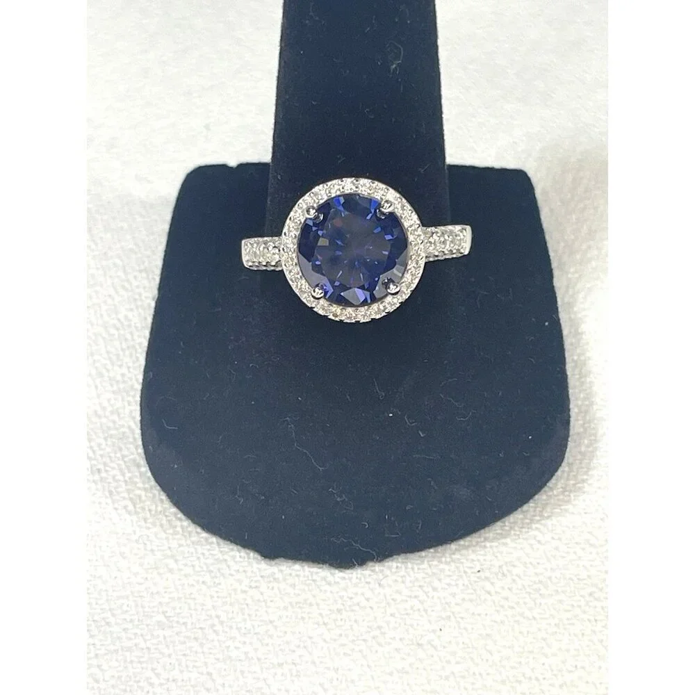 Tanzanite & White Topaz Halo Ring Size 9 925 Sterling Silver 3.84 Ct