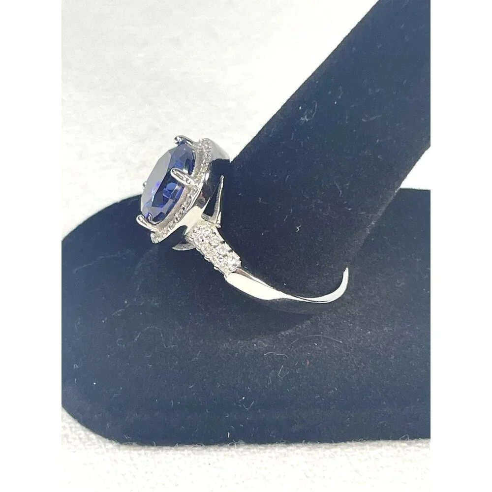 Tanzanite & White Topaz Halo Ring Size 9 925 Sterling Silver 3.84 Ct