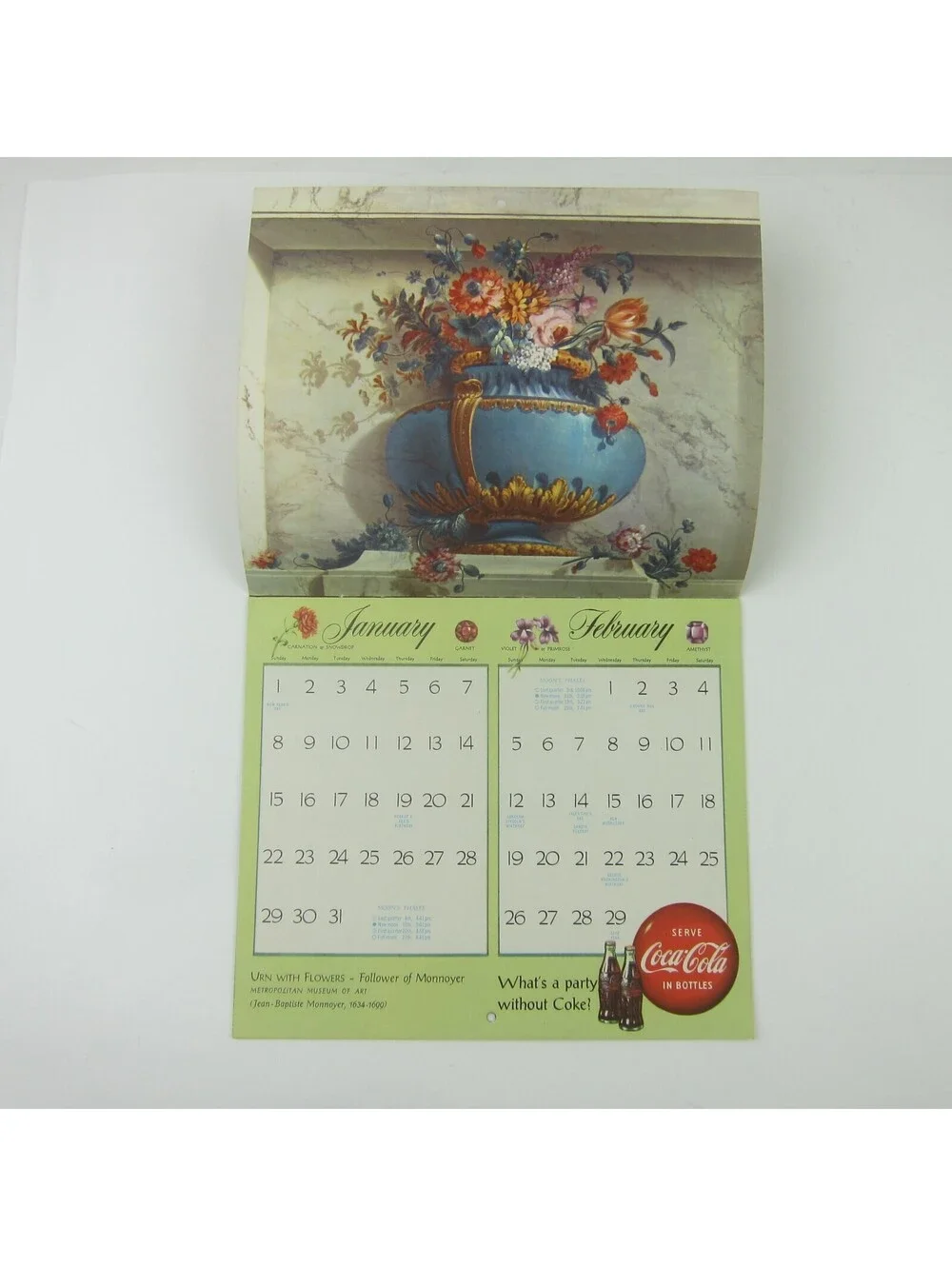 Coca Cola Advertising Wall Calendar Vintage 1956 Famous Flower Paintings