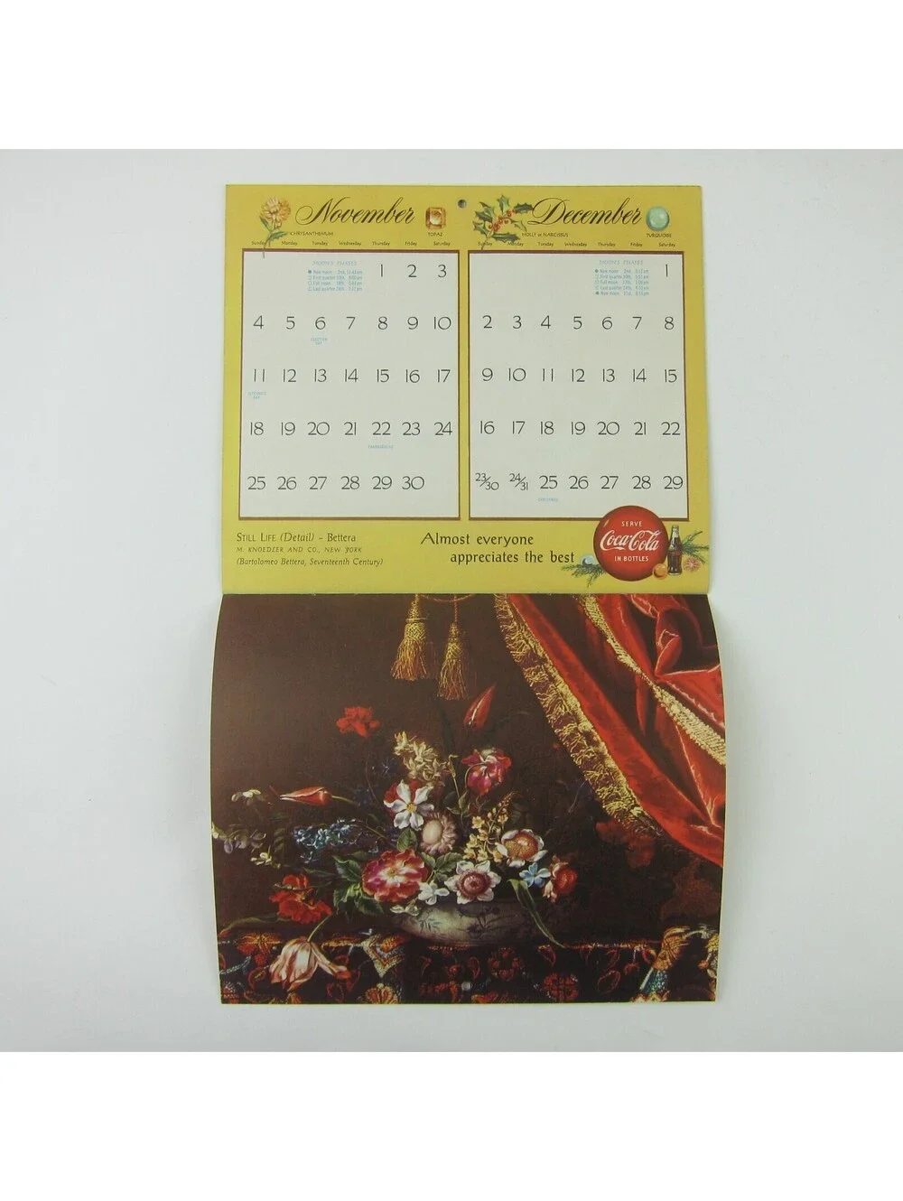 Coca Cola Advertising Wall Calendar Vintage 1956 Famous Flower Paintings