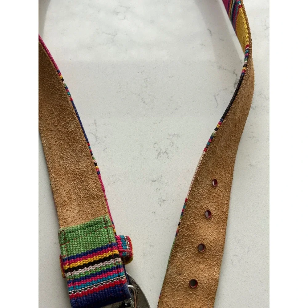 Kids‎ Multicolor Striped Handwoven Textile Leather Belt Silver Floral Buckle L