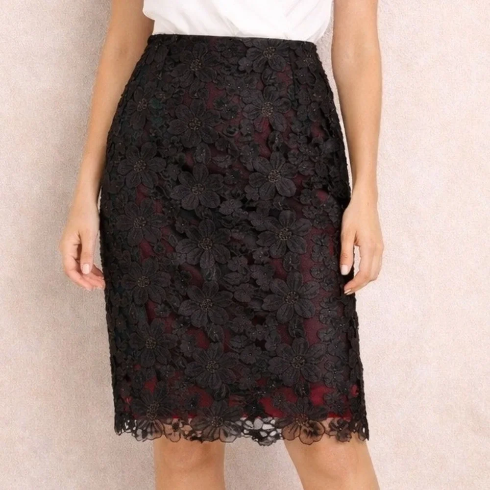 KAY UNGER New York Black Lace Sheer Contrast Red Lining Mini Skirt Whimsigoth 2‎