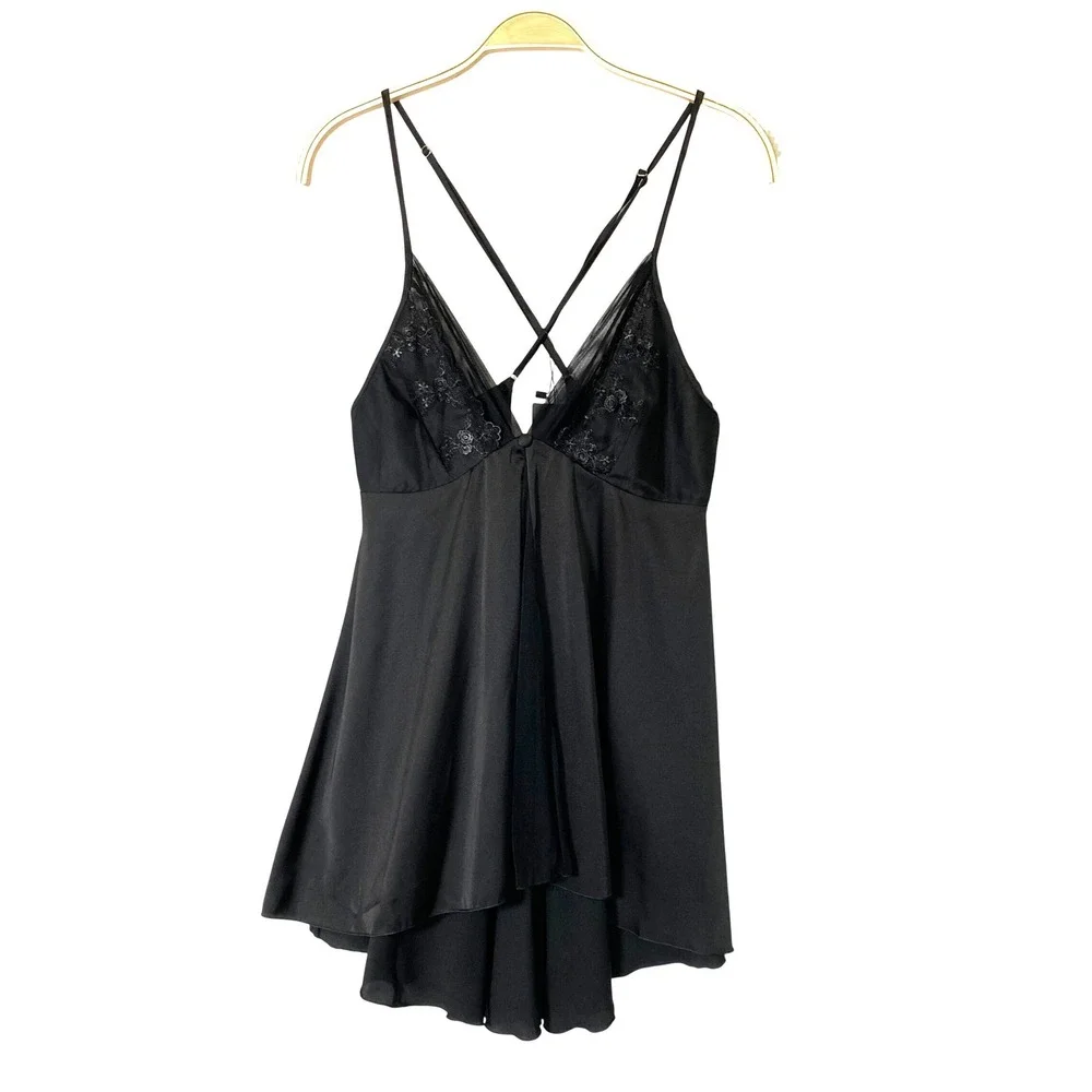 Whimsigoth Babydoll Lingerie Dress Sleepwear Women L Black Lace Trim Romance NWT