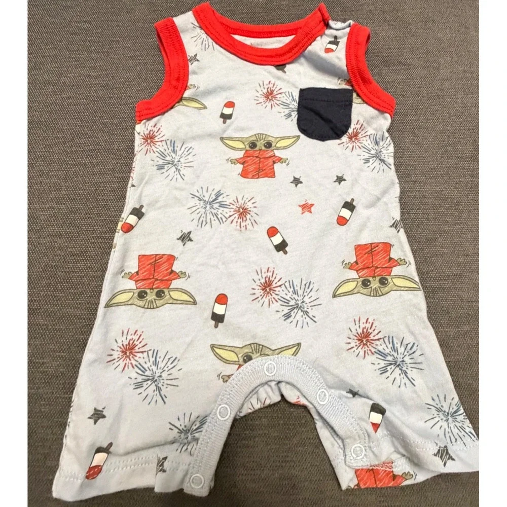 Star Wars Baby Yoda Grogu‎ Patriotic 4th of July Romper 0-3M Blue Red Sleeveless