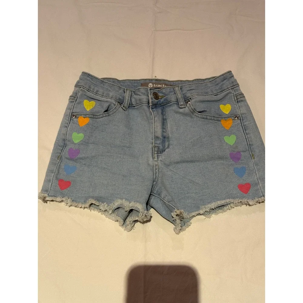 Tractr Girls Light Wash Denim Rainbow Heart Shorts Frayed Hem Size‎ 10