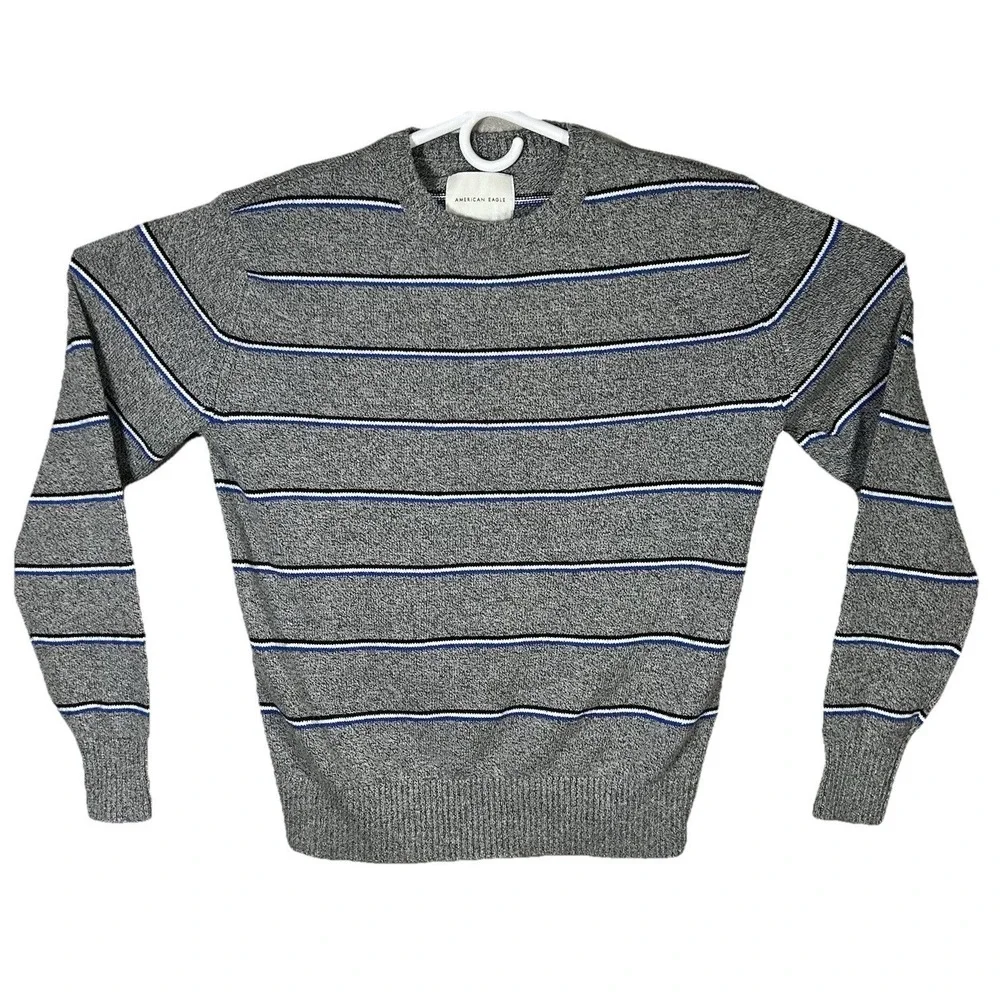 American Eagle Outfitters Sweater Men's Pullover Crew Neck‎ Gray Blue Stripes