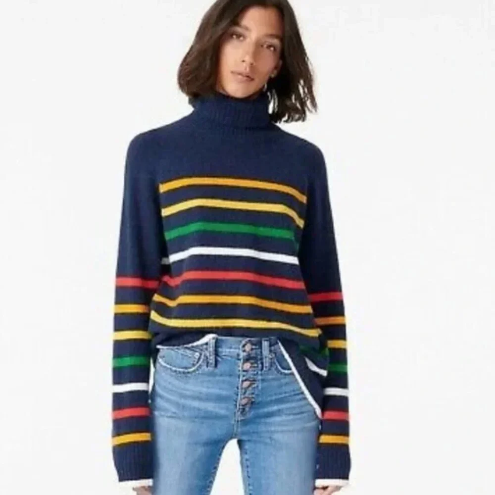 J. Crew XS Rainbow Multistripe‎ Supersoft Yarn Turtleneck Sweater Pride Cozy