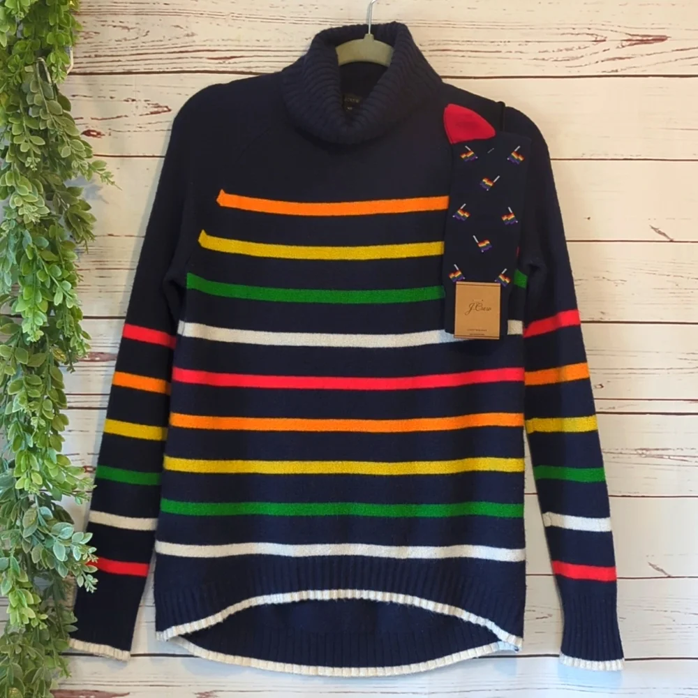 J. Crew XS Rainbow Multistripe‎ Supersoft Yarn Turtleneck Sweater Pride Cozy