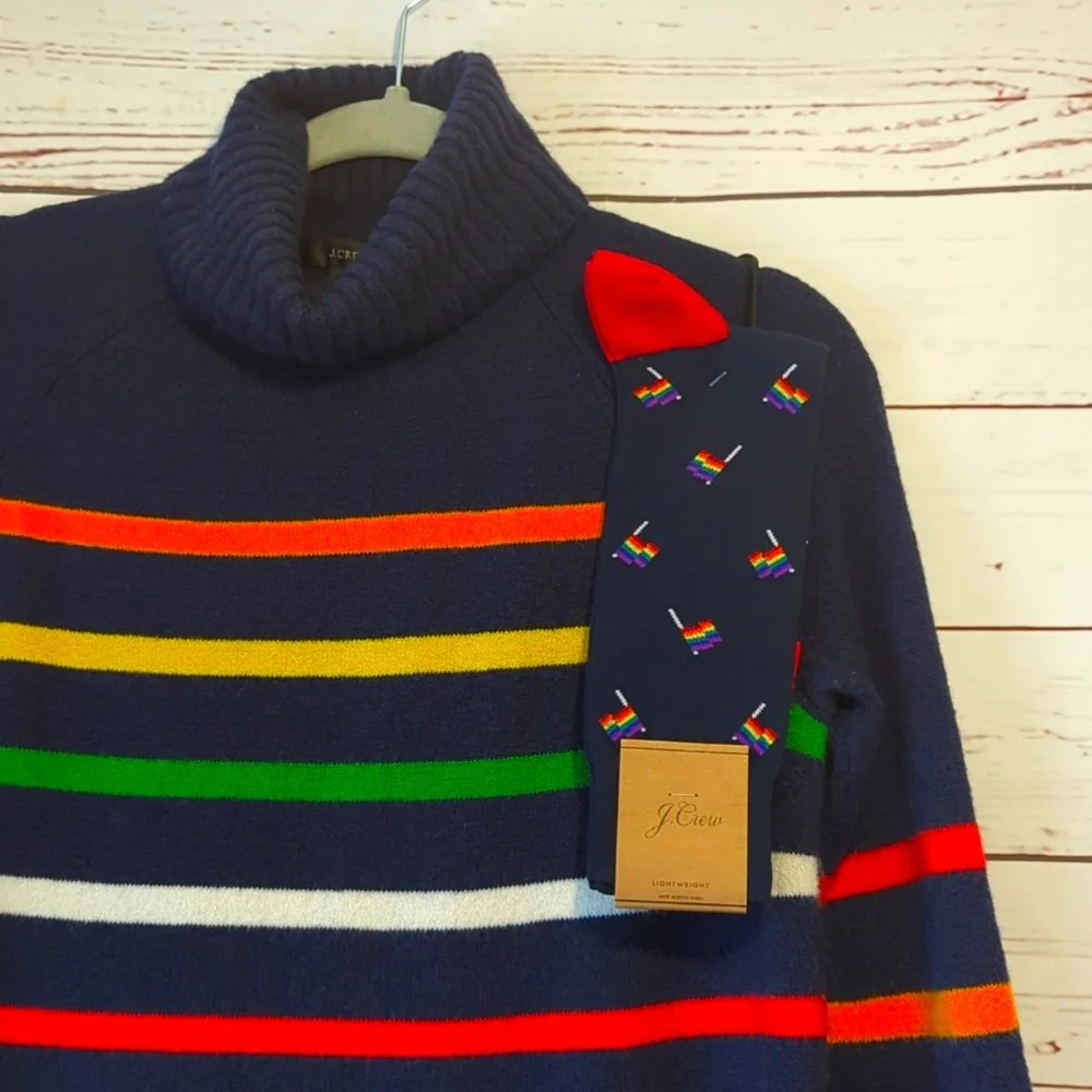J. Crew XS Rainbow Multistripe‎ Supersoft Yarn Turtleneck Sweater Pride Cozy