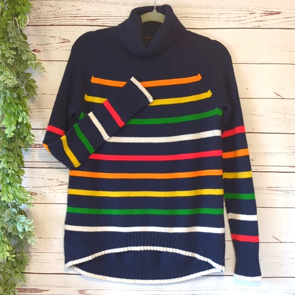 J. Crew XS Rainbow Multistripe‎ Supersoft Yarn Turtleneck Sweater Pride Cozy