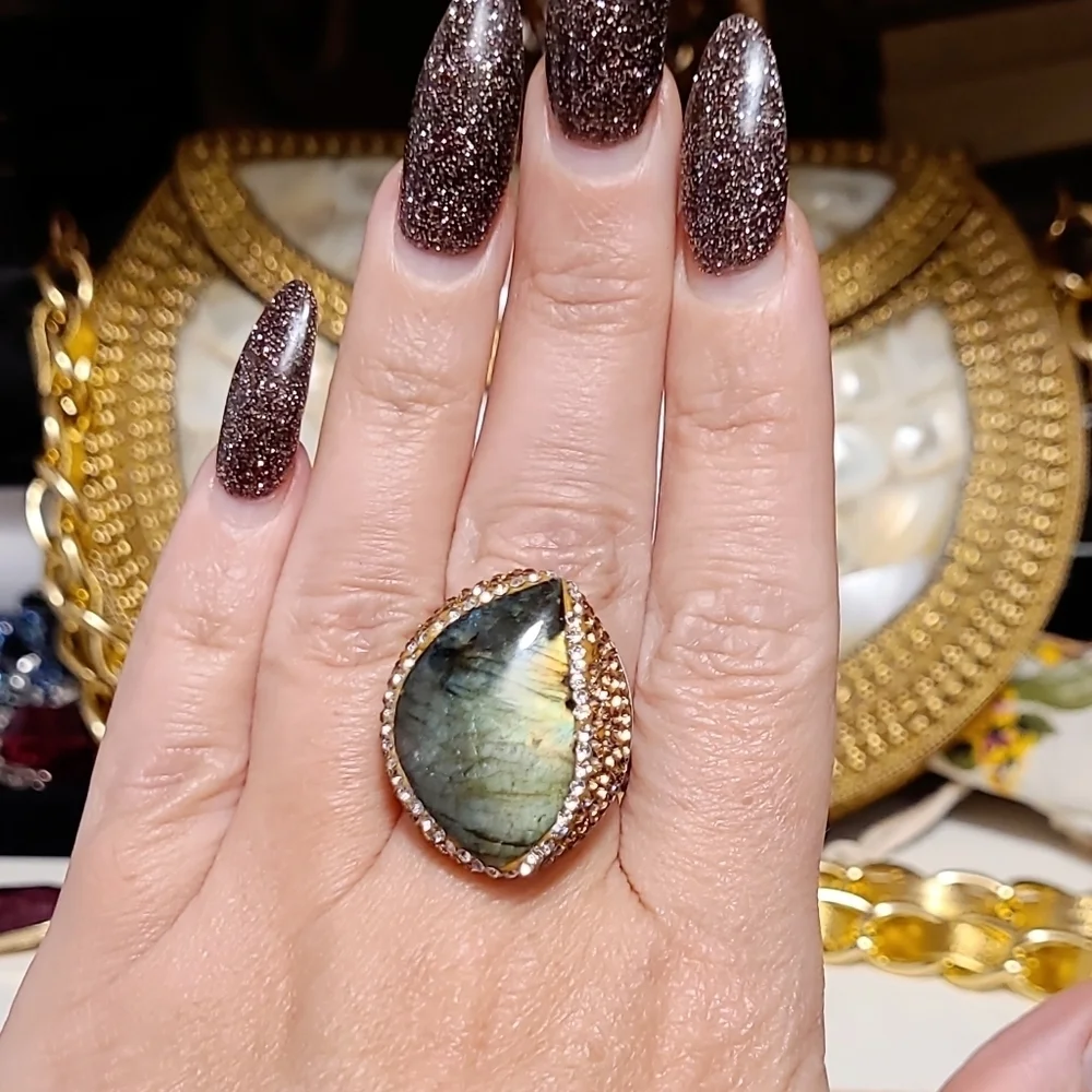 Natural Labradorite & Pave set Hematite Large Silver Ring