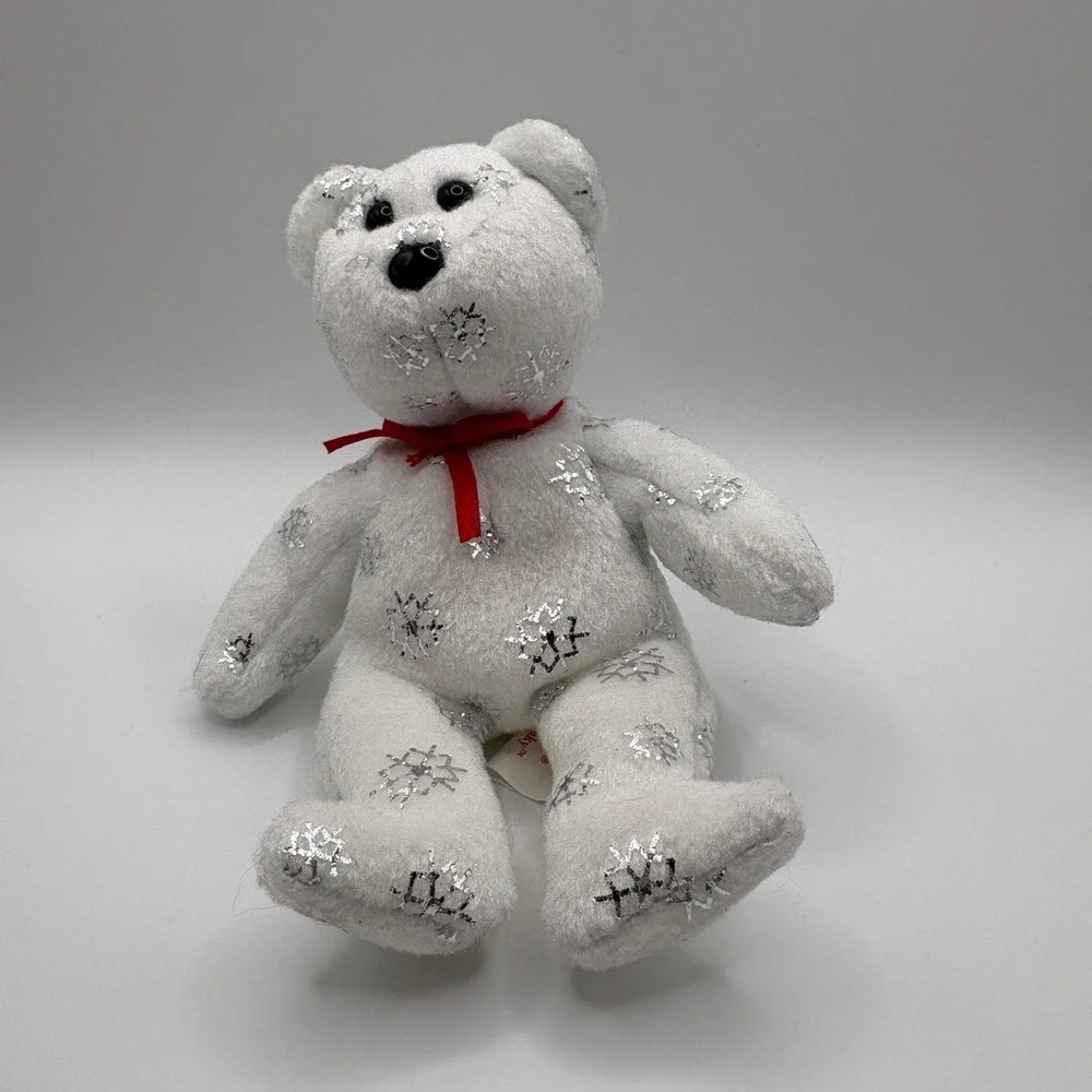 Ty Jingle Beanies Flaky the Bear 2008 White Silver Snowflake Plush Ornament 5