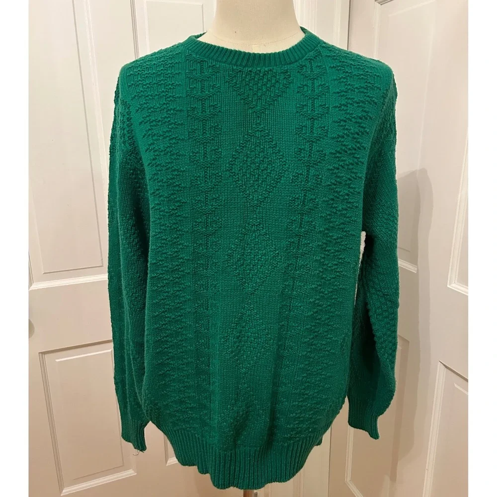 VTG 80s 90s Rowing Club Green Textured Cotton‎ Knit Sweater Made in USA Men L