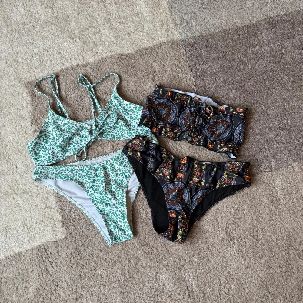 Lot 2 Bikini Swimsuit Sets Green Floral &‎ Boho Mandala Print Two Piece Swimwear